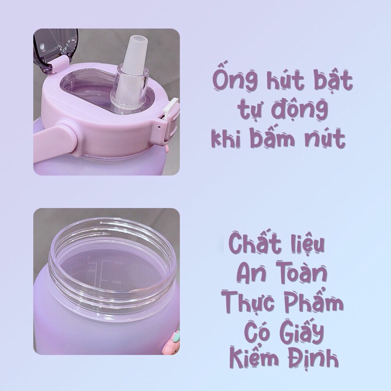 Bình nước 2 lít Tiroshi, bình đựng nước nhựa 2L có ống hút, vạch chia nhắc giờ.