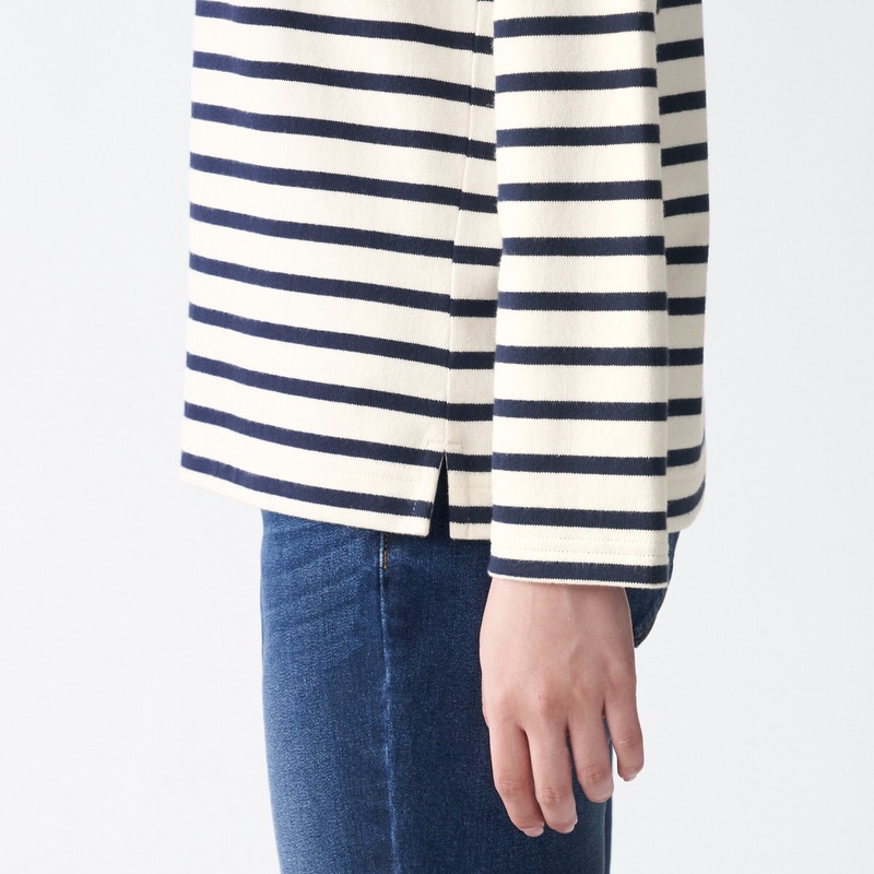 Muji Áo Thun Vải Jersey Sợi Dày Dài Tay-Sọc