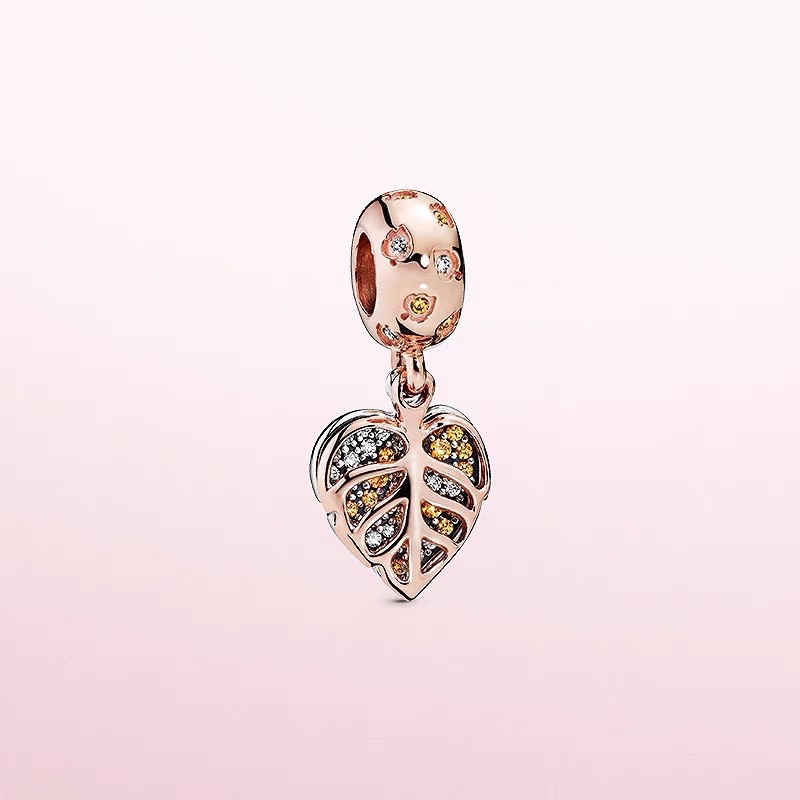 charm pan treo hình lá vàng hồng bạc s925