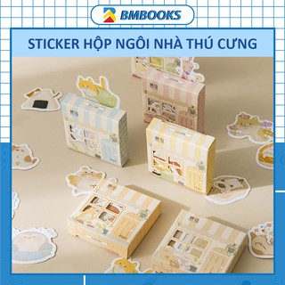 Sticker cute dán sổ mẫu siêu HOT hình Mèo sushi, Chó Shiba, Heo, Gấu, Gà hộp 45 miếng dán hình ngôi nhà BMBooks