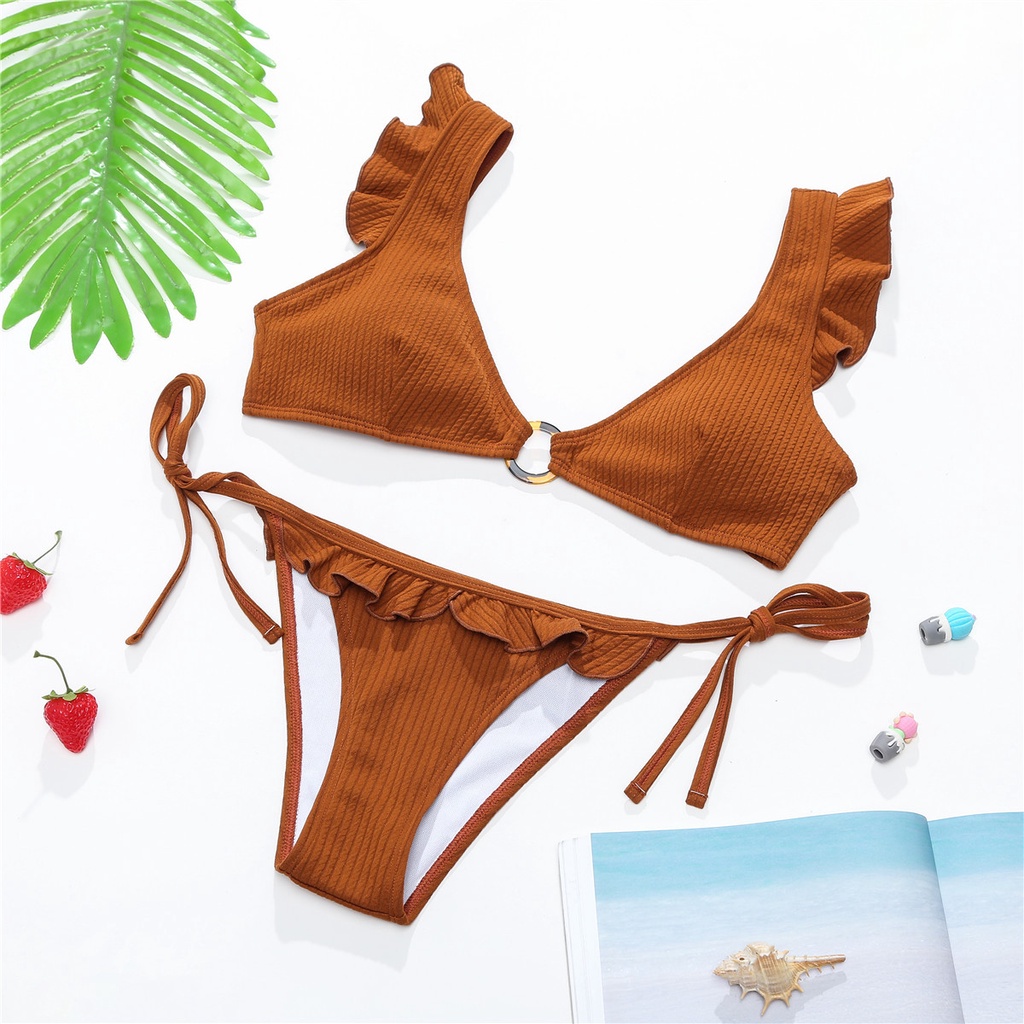 Bộ Bikini Hai Mảnh Trễ Vai In Hoa Màu Cà Phê / Xanh Dương Có Gọng Kim Loại Cho Nữ | BigBuy360 - bigbuy360.vn