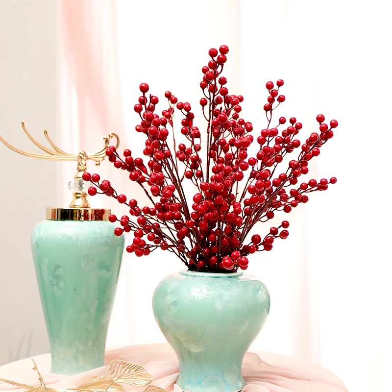 Nhánh quả berry đỏ giả phong cách Trung Quốc trang trí bàn tiệc cưới/ giáng sinh năm mới thủ công
