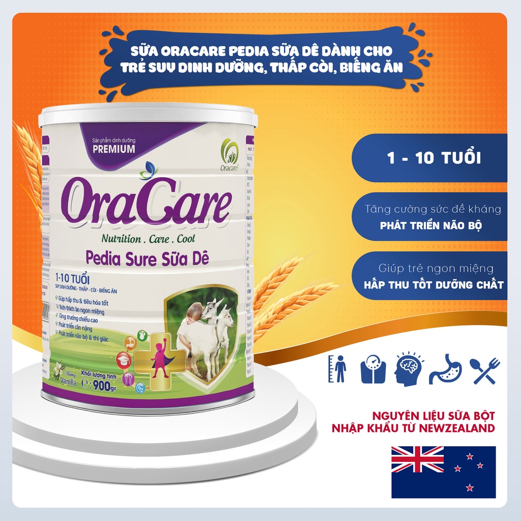 Sữa OraCare Pedia Sữa Dê - Dành cho trẻ suy dinh dưỡng, thấp còi, biếng ăn Hộp 900 gram