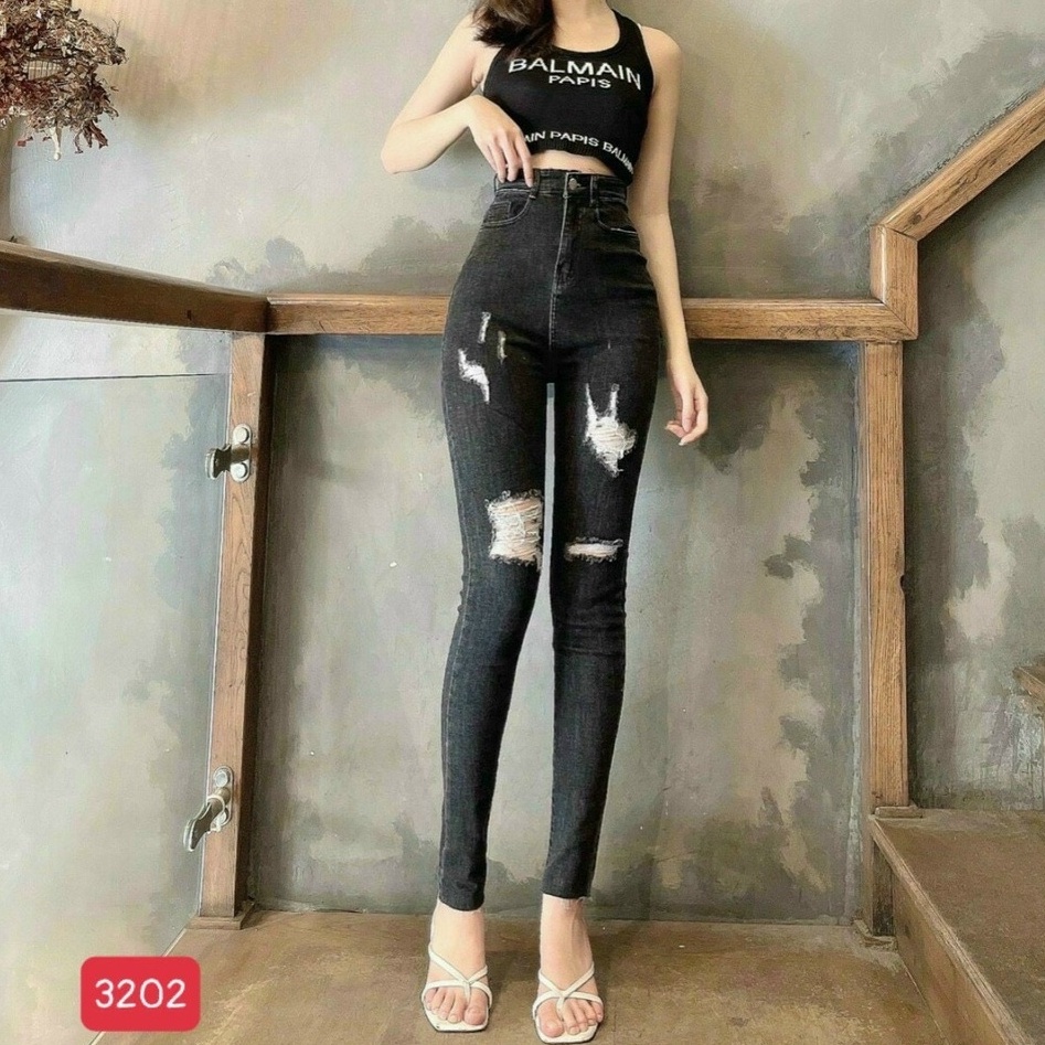 Quần jean nữ lưng cao MURADFASHION, jean nữ rách màu xám ms3202