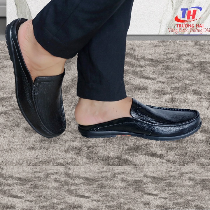 Giày sục nam Trường Hải Da Bò Thật  Mềm Mại Màu Đen Đế Cao Su Không trơn Dép May chắc chắn BM200