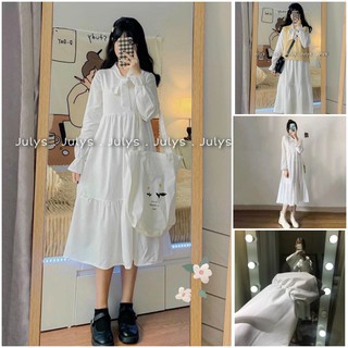 Váy babydoll trắng nơ ngực - đầm nữ tay bồng dáng suông