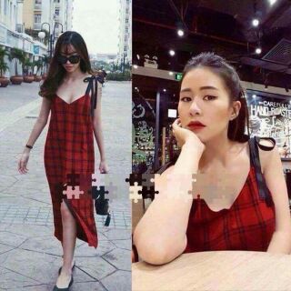 Sale đầm hai dây caro