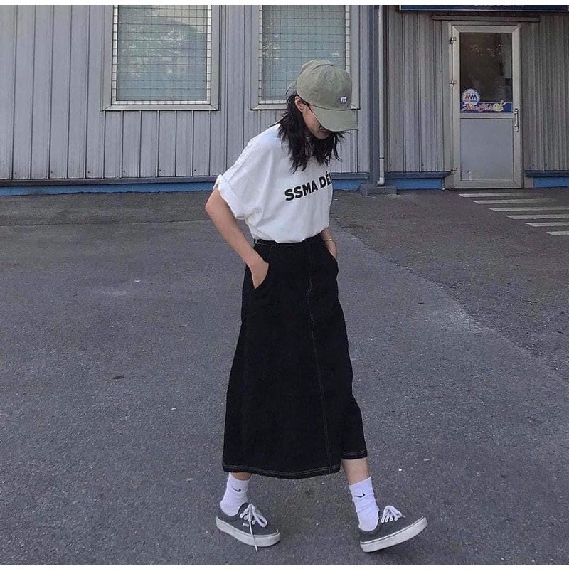 Chân váy jean chỉ trắng dáng midi, Chân váy jeans ulzzang hàng đẹp