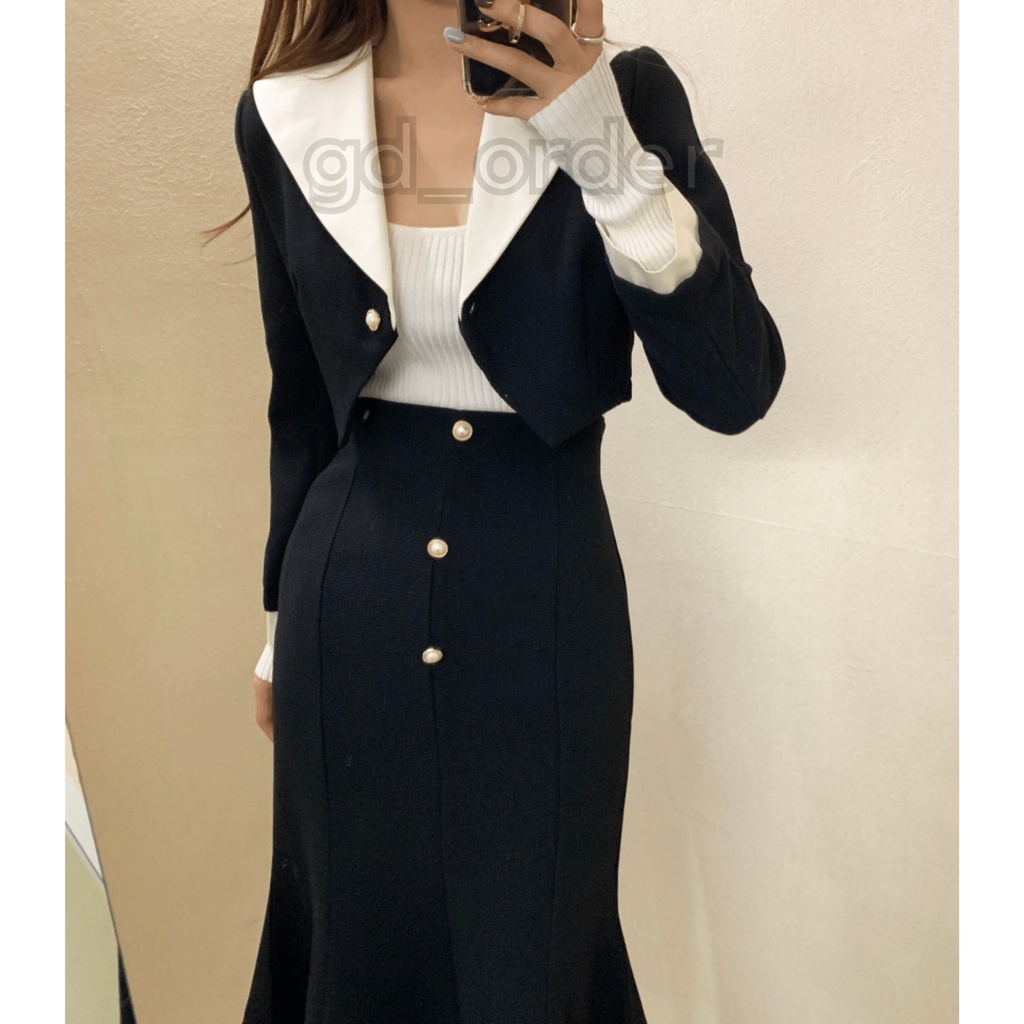 B87|Set bộ vest áo croptop hàn quốc dáng ngắn cổ điển thanh lịch kèm váy đuôi cá công sở gd_order