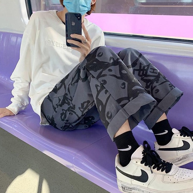 Porozi  Quần dài ống rộng lưng cao in họa tiết 3 màu tùy chọn thời trang Hàn Quốc cho nữ