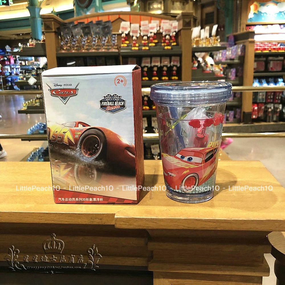 Ly nước Disney trong suốt 2 lớp kim tuyến rơi có ống hút hình Elsa Olaf Mickey Ariel Car 3D cho bé