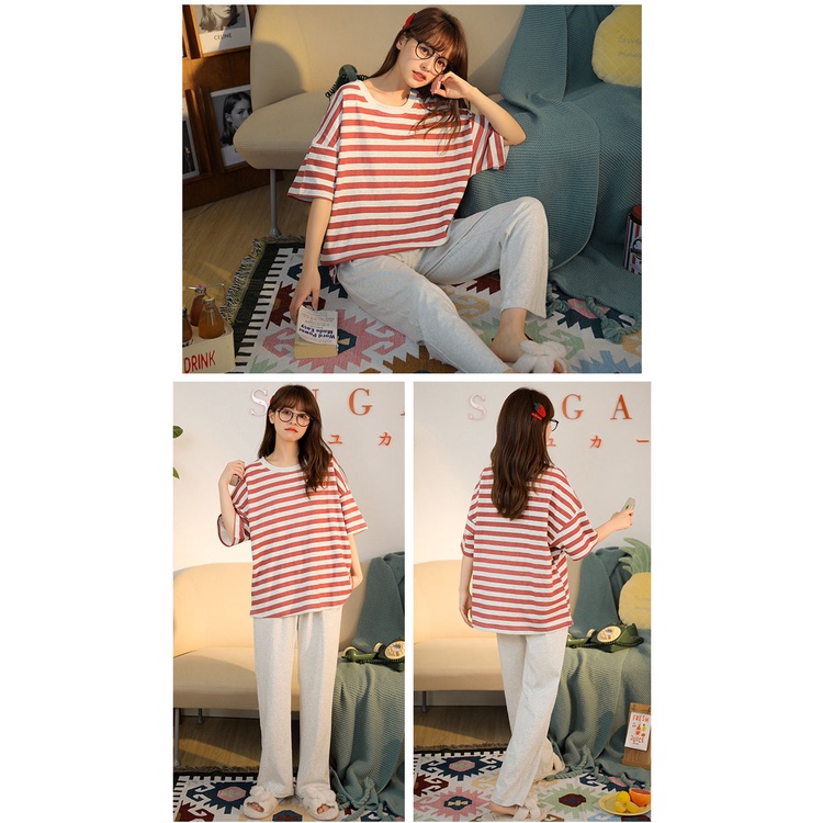 Bộ đồ dễ thương, Bộ đồ thun áo cộc quần dài kẻ đỏ quần xám | BigBuy360 - bigbuy360.vn