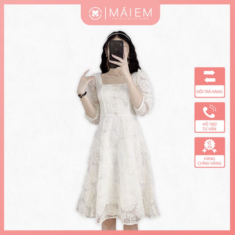 Đầm ren tay lỡ, váy họa tiết hoa cúc chất ren mịn siêu sang_V1461