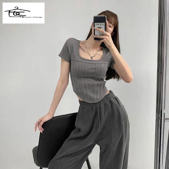 Áo Thun Ngắn Tay Dáng Ôm Thiết Kế Hình Xương Cá Phong Cách Mỹ Quyến Rũ