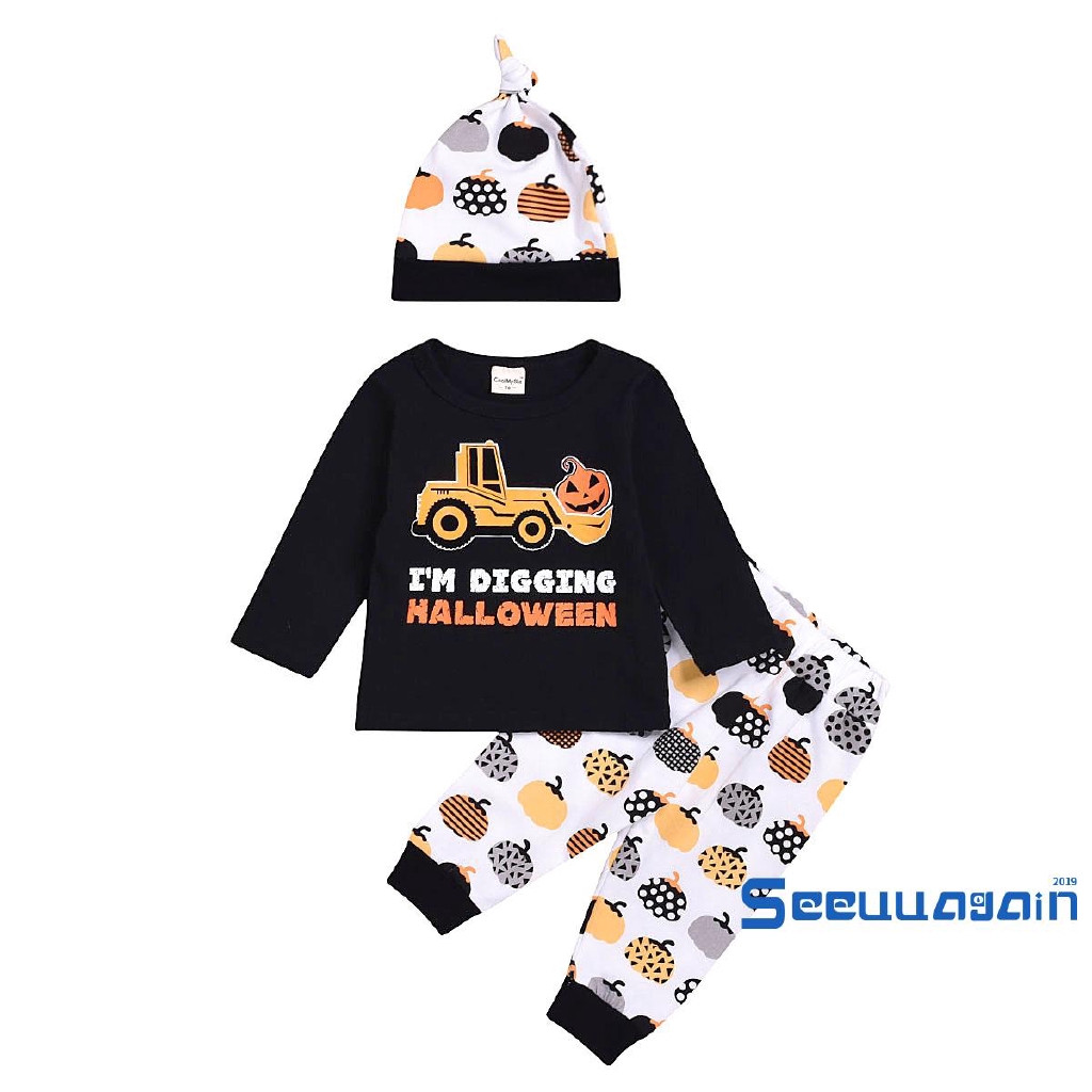 Set đồ bộ kèm nón trùm đầu họa tiết trái bí đỏ Halloween cho bé