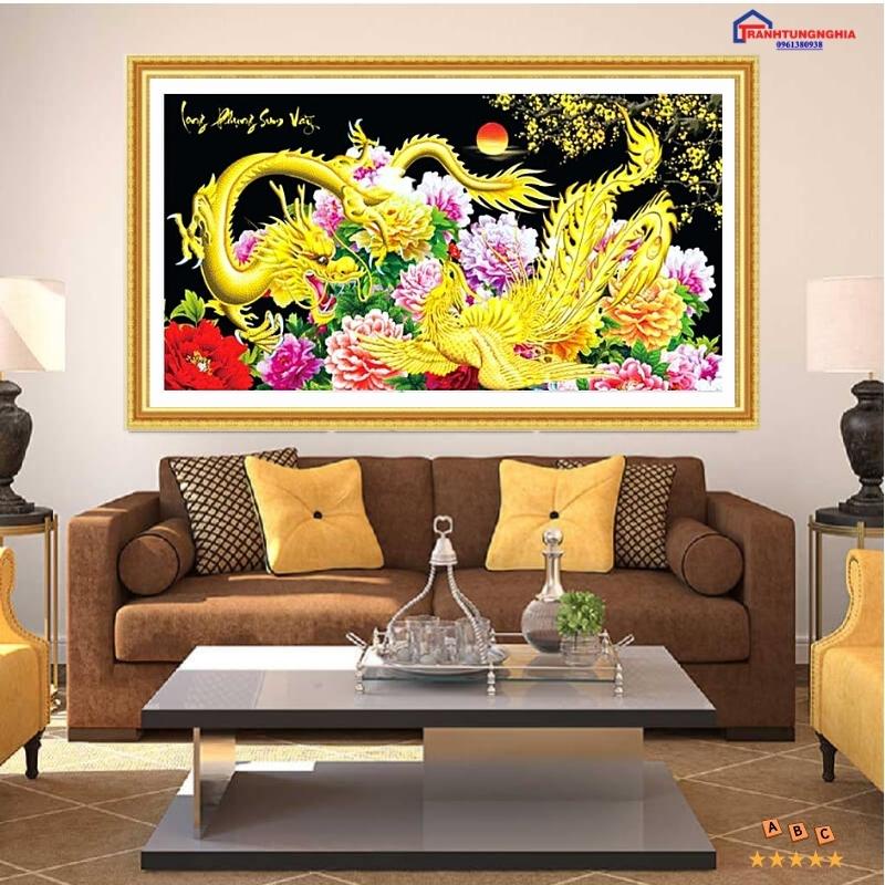 Tranh đính đá, tranh thêu chữ thập long phụng sum vầy 1m x 54cm - 1m20 x 60cm