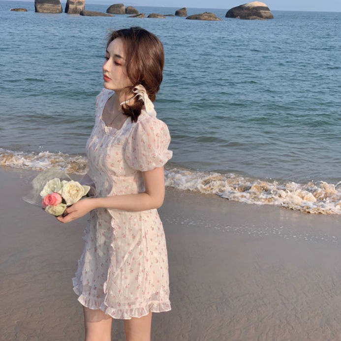 Đầm voan tay phồng in họa tiết hoa thời trang mùa hè mới cho nữ 2021