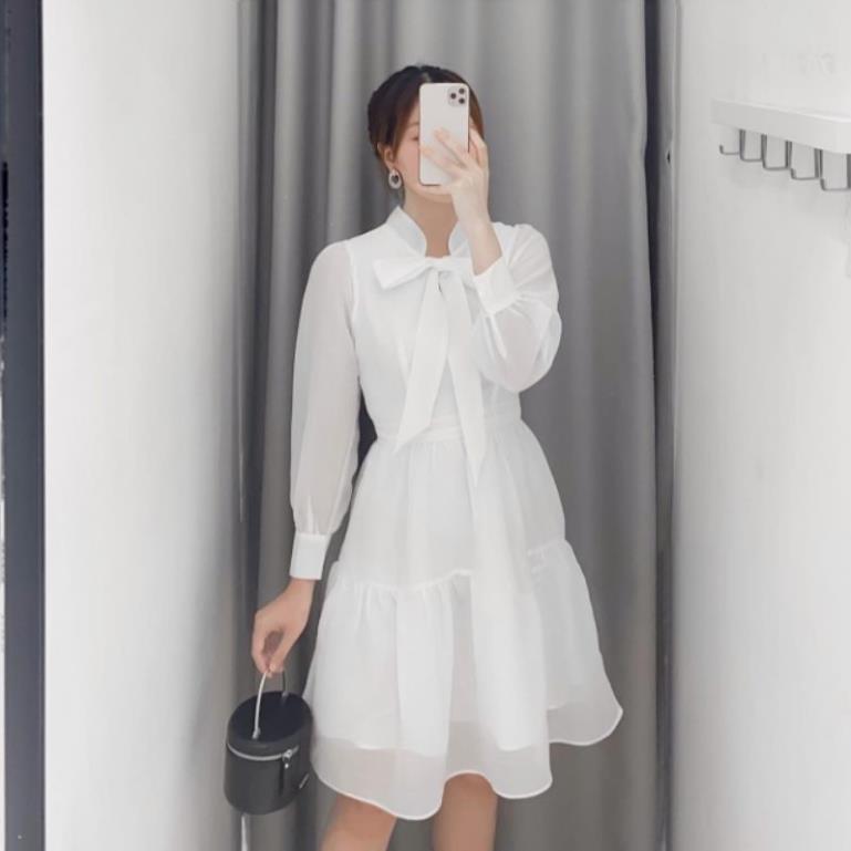 Đầm Nữ, Đầm công sở trắng xanh nơ ngực tơ tầng xinh xắn V | BigBuy360 - bigbuy360.vn