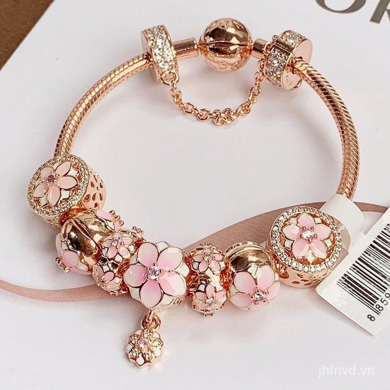 Vòng tay mạ bạc 925 phối màu hồng Pandora phong cách cổ điển kèm hộp phù hợp làm quà tặng cho bạn gái