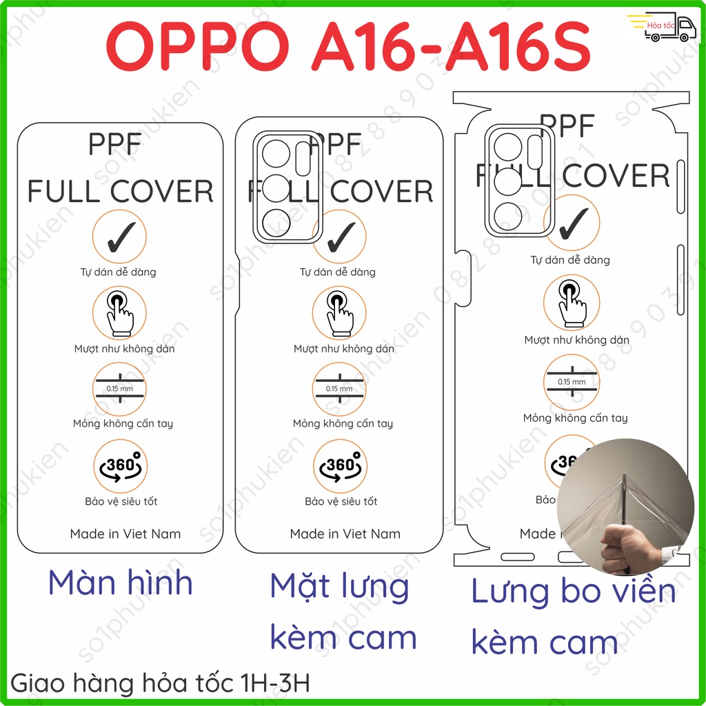 Dán PPF Oppo A16 / A16s loại trong, nhám dành cho màn hình, mặt lưng, full viền