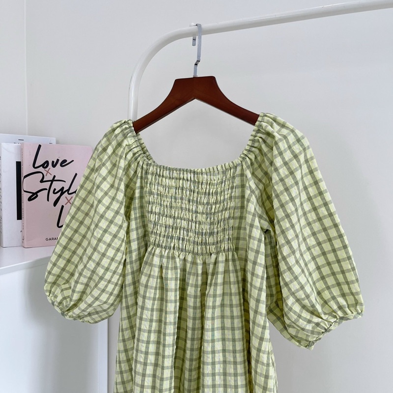ĐẦM NGẮN GREEN DRESS tone caro xanh thiết kế form babydoll bo chun co giãn style trẻ trung năng động hàn quốc ullzang