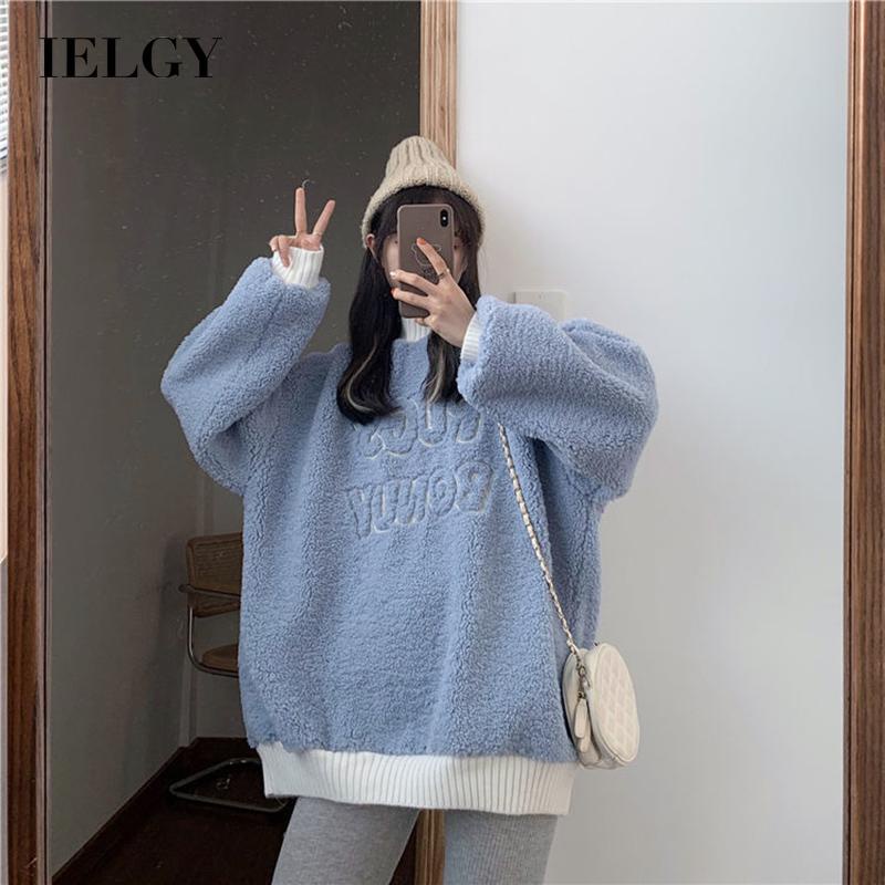 Áo khoác sweater IELGY vải nhung dày len giả lông cừu dáng rộng cho nữ sinh