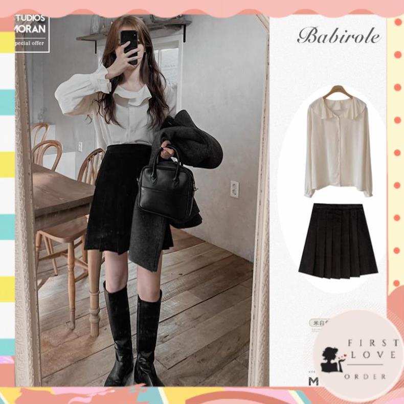 (firstlove ORDER) Set áo sơ mi MORAN dài tay cổ phối bèo điệu đà + Chân váy xòe xếp ly style Hàn Quốc 01