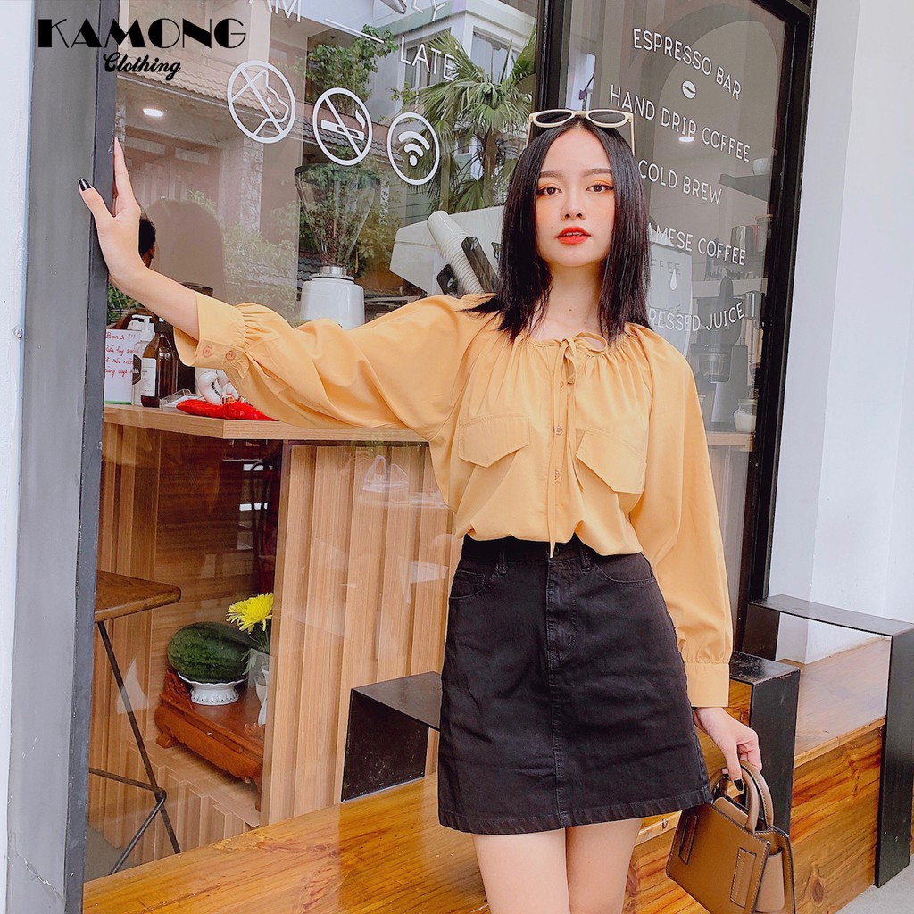 Áo kiểu cổ nhún thắt nơ KAMONG A037