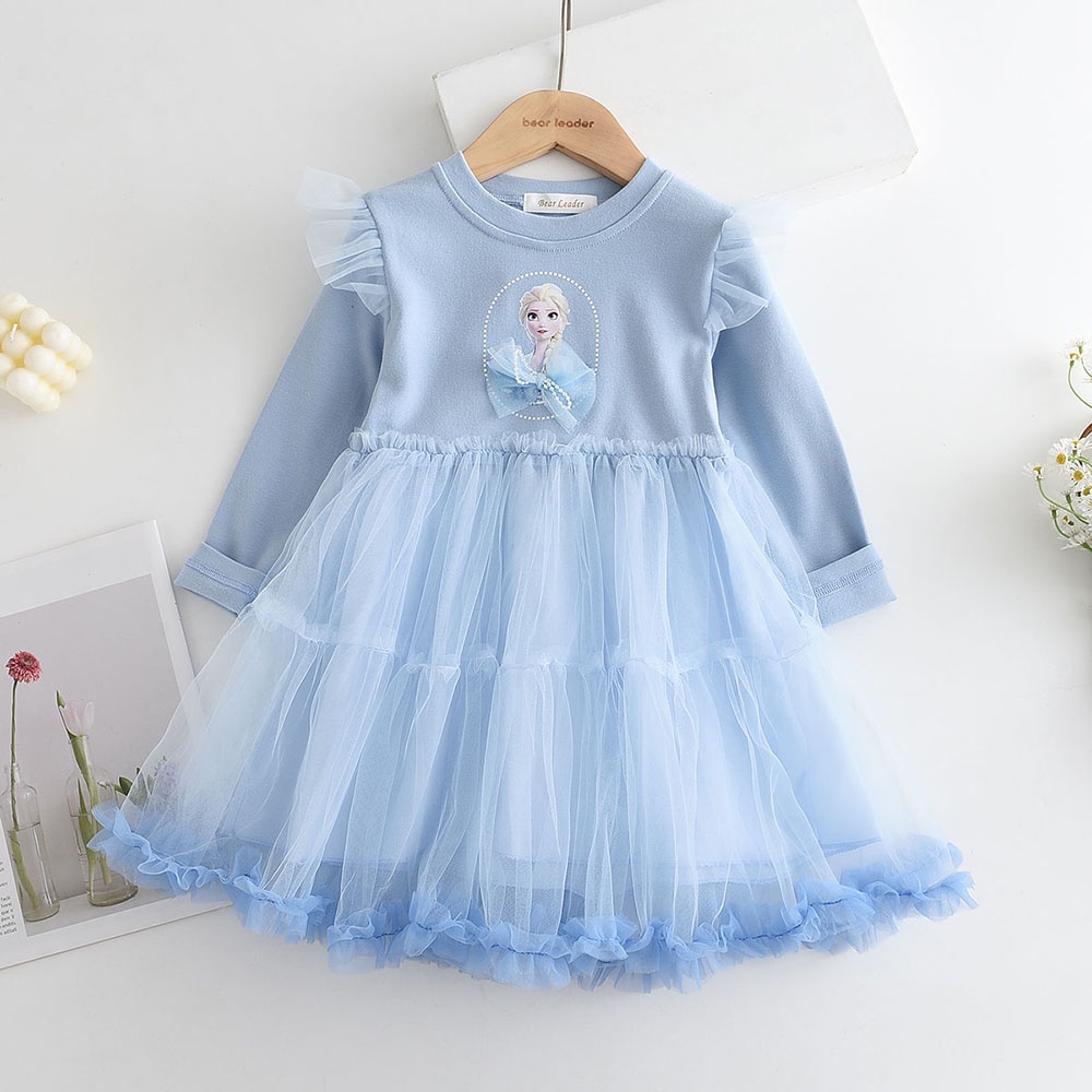 BEAR LEADER Đầm Công Chúa Aisha Tay Dài Phối Lưới Thời Trang Mùa Thu Hàn Quốc Mới Cho Bé Gái 2-6 Tuổi