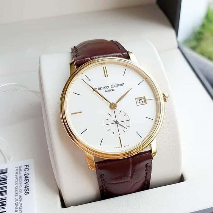 Đồng hồ Nam chính hãng Frederique Constant Slimline FC-245V4S5 Mặt trắng,Lịch ngày-Máy Pin Quartz-Dây da-Size 37mm