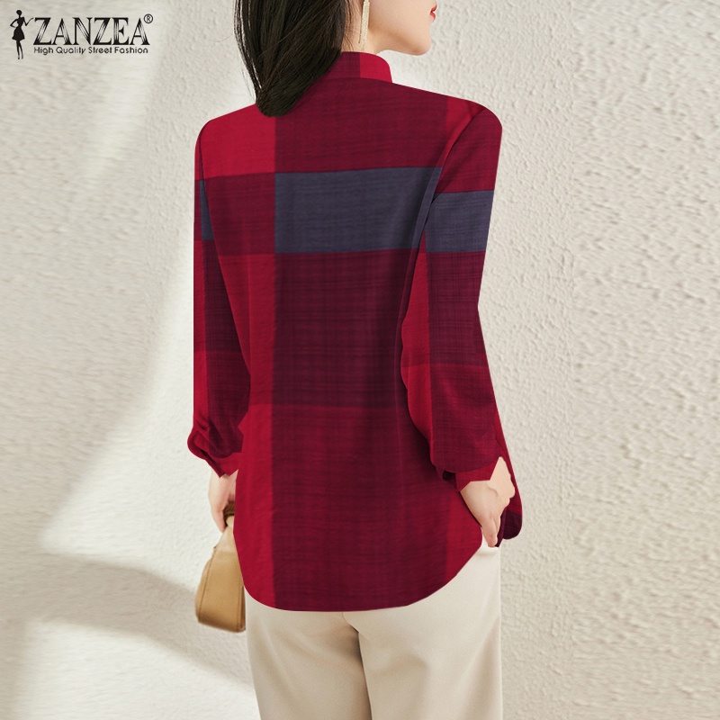 Áo sơ mi ZANZEA tay dài cổ chữ V kẻ sọc caro phong cách vintage cho nữ