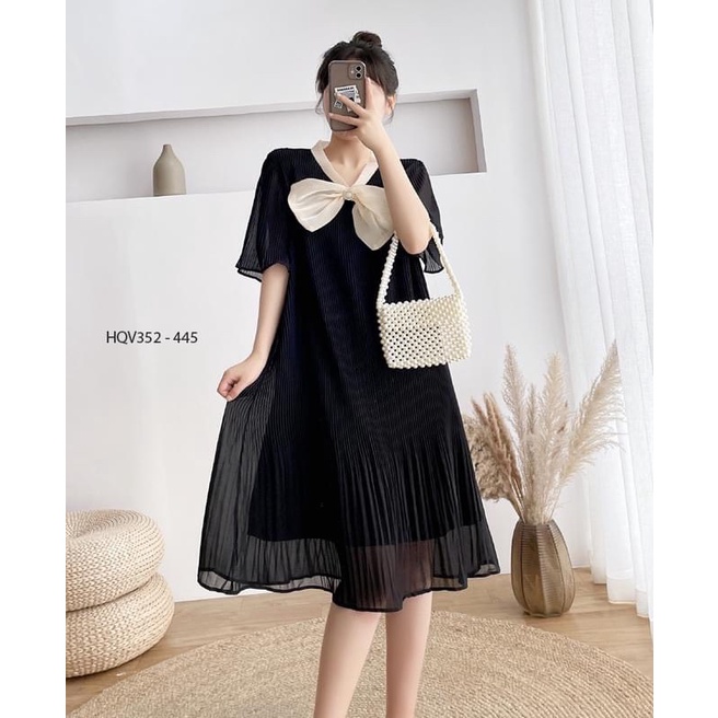 Váy Bầu Ly 2 lớp ,tay bồng ,đính ngọc ,Nơ todáng xuông☘️tiểu thư siêu xinh-ảnh thật cận chất -freesize 43-68kg