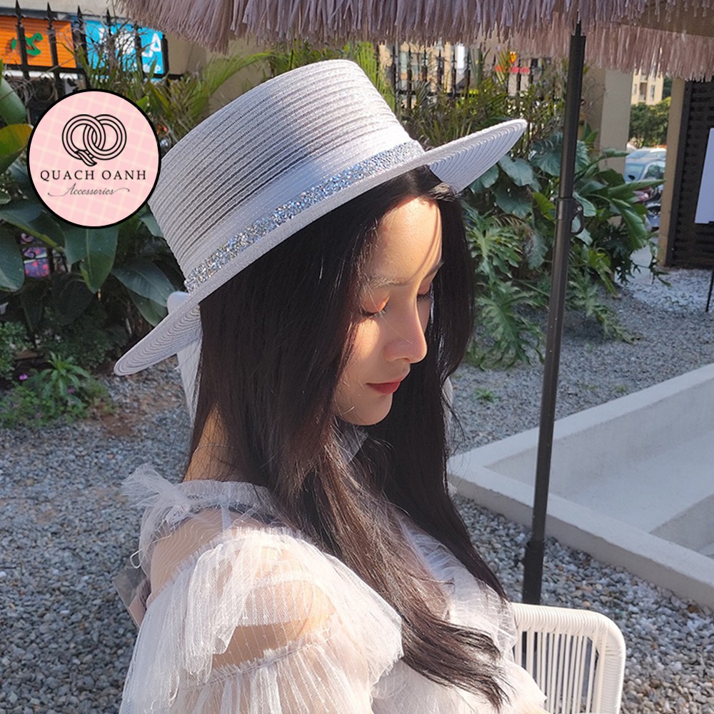 Mũ cói mềm, nón cói đi biển nữ lưới trong vành rộng đính chữ M phong cách vintage chống nắng - MU64