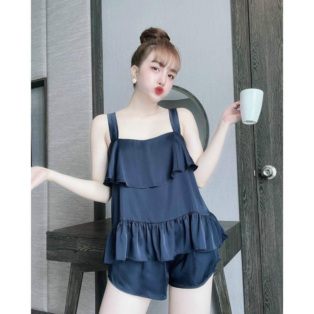 Đồ bộ đùi satin mặc nhà bèo tầng bèo lai xinh DB0001