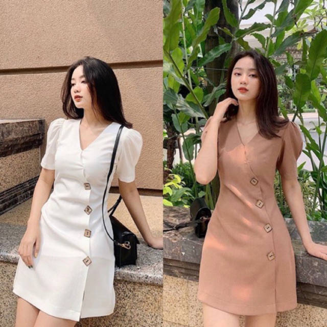 Đầm trắng chéo nút gỗ vuông - Van Dress