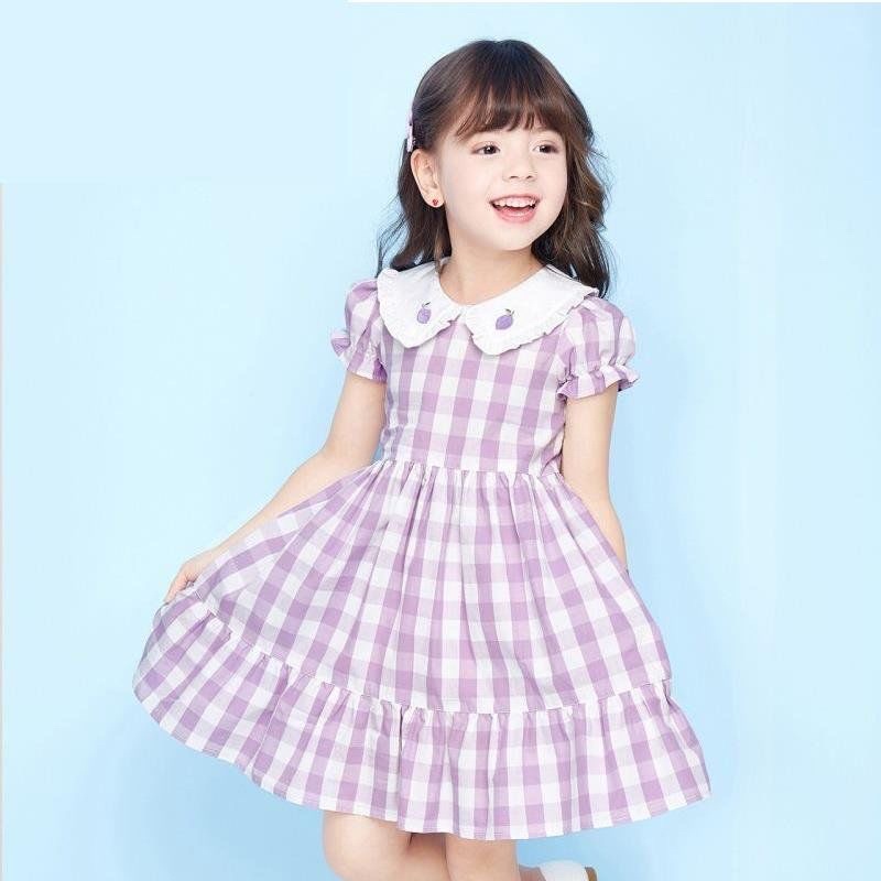 Váy caro cổ bèo vải thô mềm cao cấp bé gái đỏ/ vàng/ tím