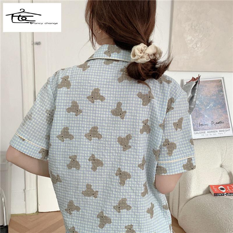 Bộ Đồ Ngủ Tay Ngắn Họa Tiết Sọc Caro In Hình Gấu Dễ Thương Phong Cách Nhật Bản Cho Nữ