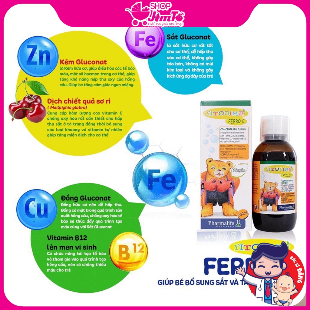 Siro Ferro C Fitobimbi Pharmalife Bổ Sung Sắt, Kẽm, Vitamin Và Khoáng Chất  Lọ 200ml