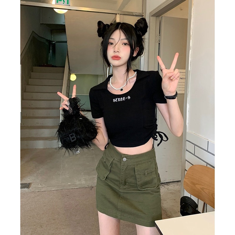 Áo croptop dệt kim QKOOLE tay ngắn dáng ôm phong cách Hàn Quốc cổ điển thời trang cho nữ