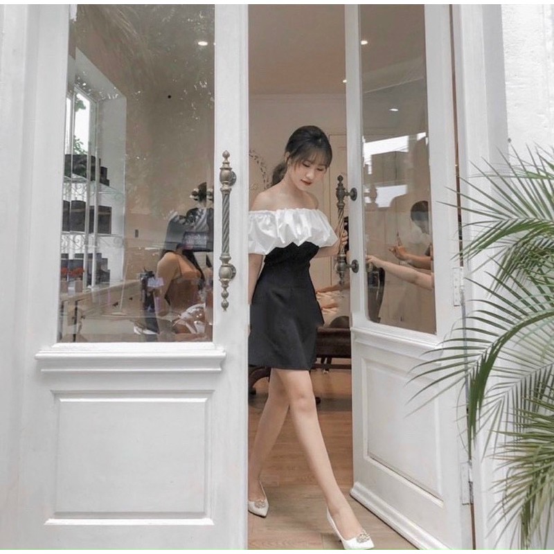 ĐẦM ANGELA TRỄ VAI PHỐI MÀU TRẮNG ĐEN | BigBuy360 - bigbuy360.vn