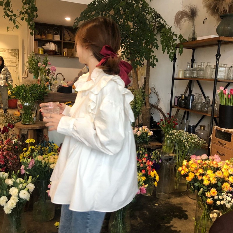 Áo sơ mi IELGY tay dài dáng rộng phối bèo kiểu Pháp retro dễ thương cho nữ