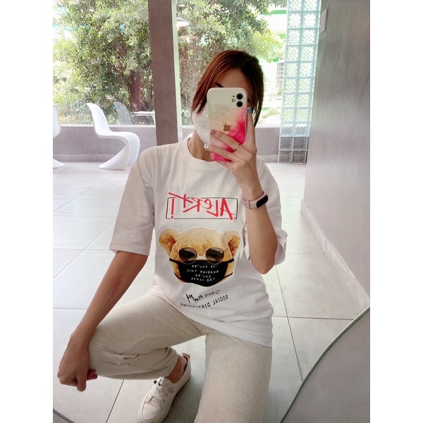 Áo  thun Tay Lỡ Form Unisex Nam Nữ Moazz In Gấu Teddy Đeo Khẩu Trang Tee Mask-MTS01