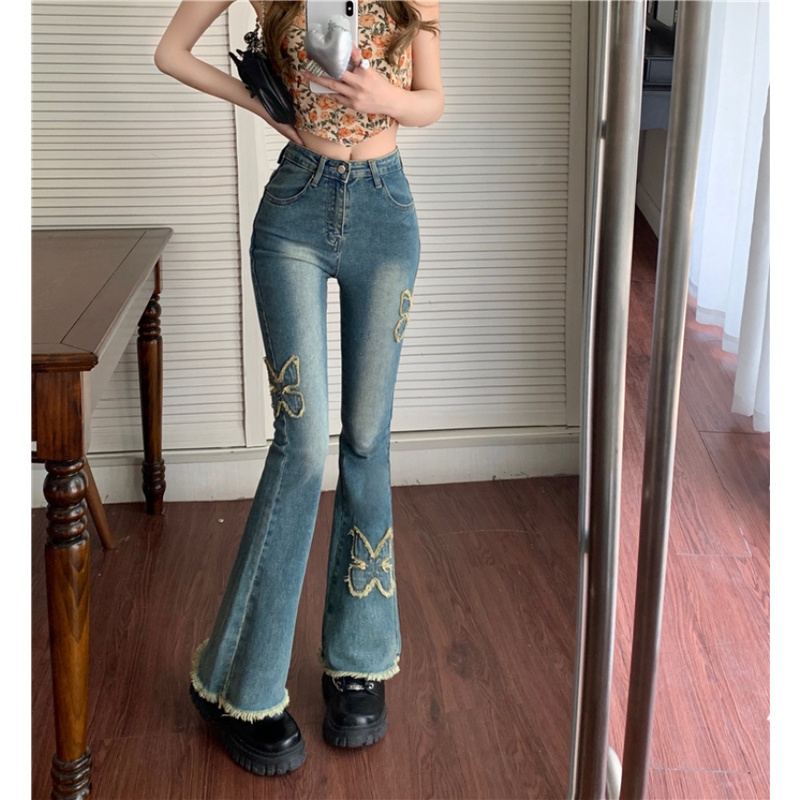 Quần Jean Lưng Cao Co Dãn Với Họa Tiết Thêu Hình Con Bướm Theo Phong Cách Retro Hợp Thời Trang