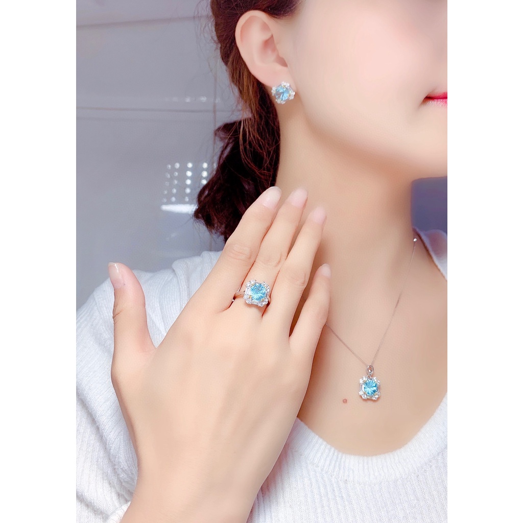 Set Vòng cổ + đôi khuyên tai + nhẫn đính đá Topaz màu hồng thời trang cho nữ