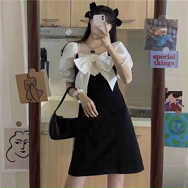 Đầm kate phối nơ tay phồng, đầm nữ tay phồng dáng váy xòe