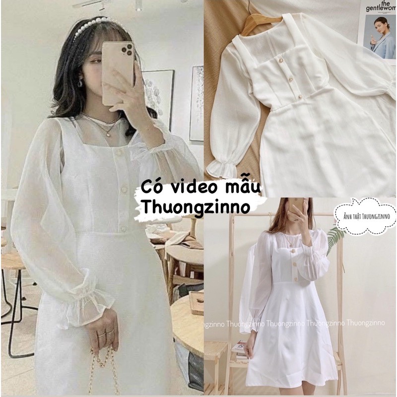 Đầm trắng cúc ngọc sang chảnh phối voan tay bồng