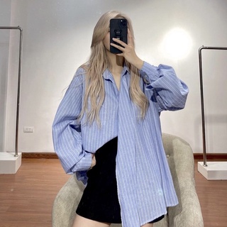 Áo sơ mi thô vạt chéo kẻ sọc oversize