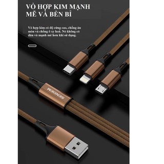 Cáp sạc 3in1 sendem m10s bọc dù cao cấp hỗ trợ sạc nhanh 5a chân cắm: microusb, lightning, typec - hàng chính hãng