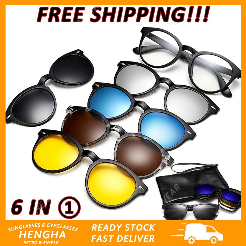 Bộ kính râm gọng tròn kèm 5 tròng phân cực nhiều màu sắc đa dạng