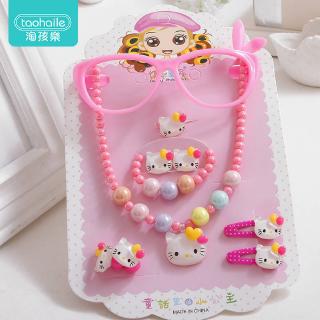 Bộ Trang Sức Dây Chuyền + Bông Tai + Nhẫn + Vòng Tay Hình Mèo Hello Kitty Phong Cách Hàn Quốc Cho Bé Gái